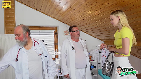 Two perverted doctors make young wet pussy of hot blonde Ariela Donovan cum on her gyno exam  