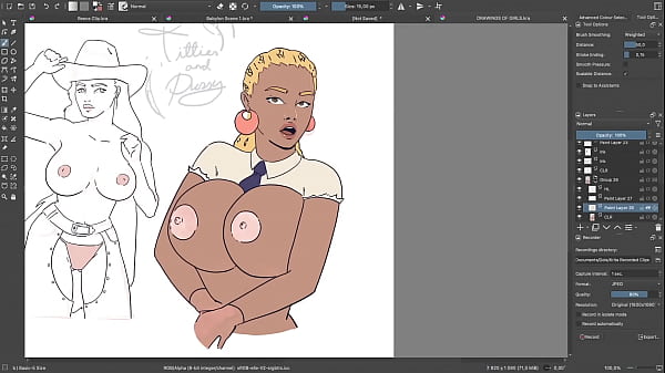 Busty Ebony Sketch and Paint Erotic Drawing