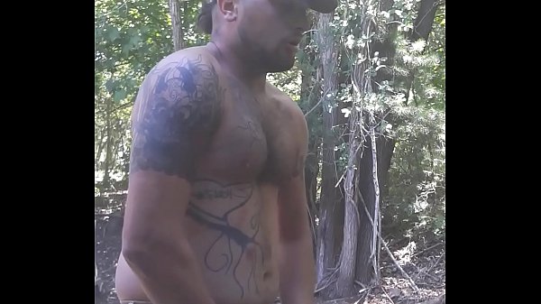 Jacking outside shirtless big cock