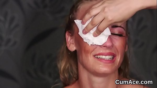 Nasty bombshell gets cum load on her face swallowing all the juice