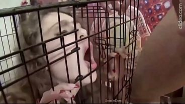 Face spermed teen sucking master dick in cage begging for fuck