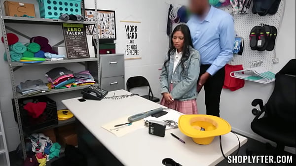 Tiny asian thief is stripped nude and gets her big tits grabbed by the security officer.On her knees he takes out his big black cock for her to suck