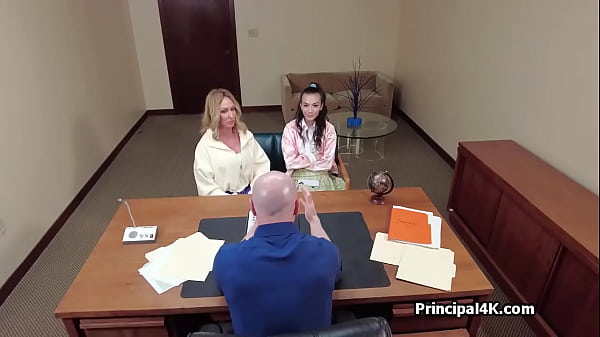 Head teacher dives deep in a mature teen duo at his office