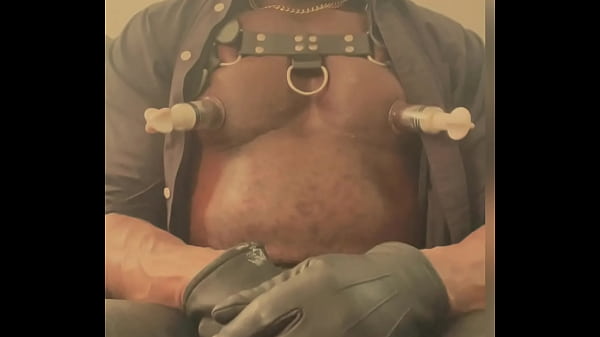Black Mature Muscle Leather Titpump Nipple Play & BBC Cum  