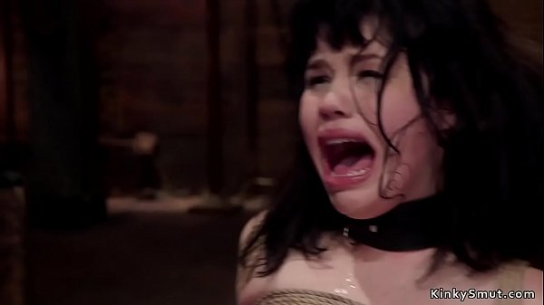 Tied brunette petite trainee slave riding Sybian and getting deep throat fucked by master 