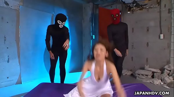 Asian bitch stroking and blowing on all of the cocks