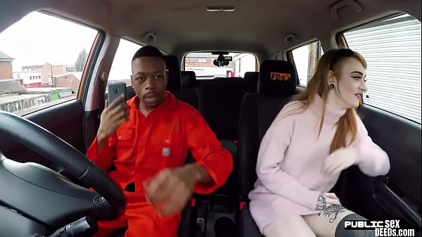 Inked redhead deepthroats black cock after public car sex  