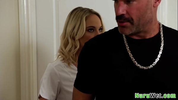 Sexy yet very naughty blondie teenager rub pussy and tits on her customer during wet nuru massage 