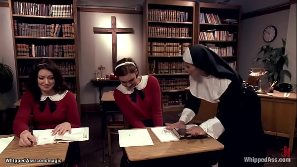 Huge boobs MILF nun Felony binds two coeds Jodi Taylor and Sarah Shevon and hard whips them then with strap on cock fucks on mattress in the basement of the Church