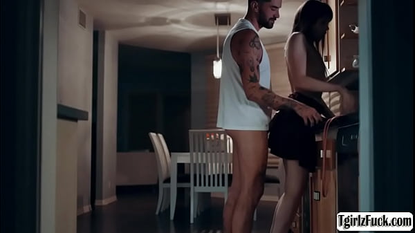 A pretty yet skinny small tits transexual Kate Zoha flirts with hunks straight guy Chris Damned kissing passionately before she blowjobs dick.