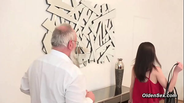 Old renter Attila The Hun presenting his apartment to sexy brunette skinny babe Lullu Gun then seducing her and fucking her trimmed pussy  