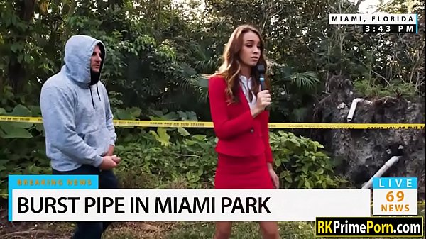 Brunette reporter drilled by a bystander