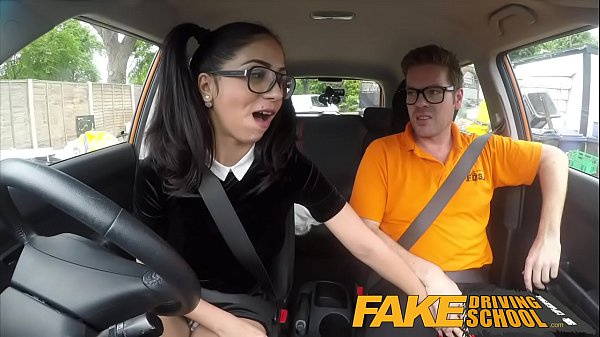 Fake Driving School student in glasses and braces offers her teacher her dirty wet panties in the lesson