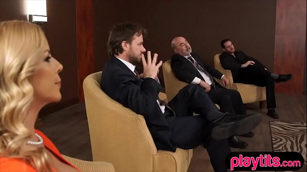 Two sexy blonde gets fucked hard at a sex toy showcase