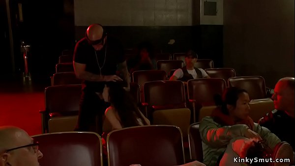 Fake big tits brunette slut is dragged in public adult movies theater and there bound and rough fucked for crowd