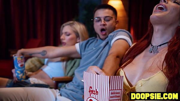 Big boobs shemale beauties bang a trans studs wet pussy at the movies  