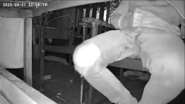 Amateur boy caught on night vision cam peeing himself sitting at the garden table (he totally wets his pants) )  