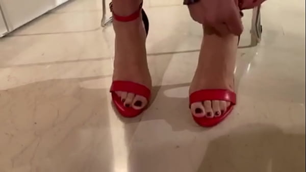 I put my red sandals on, and spread my legs  