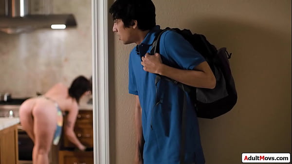 Stepson find his busty stepmom butt naked in the kitchen.Shell do anything to keep him quiet so she finds him sucking her tits and anal reaming her