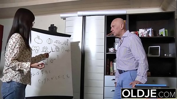 Asian Young Babe Fucked by bald old man she sucks dick pussy sex swallows  