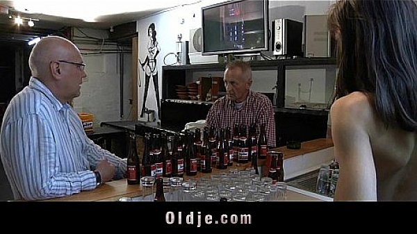 Skinny bitch teen fucks two old bastards