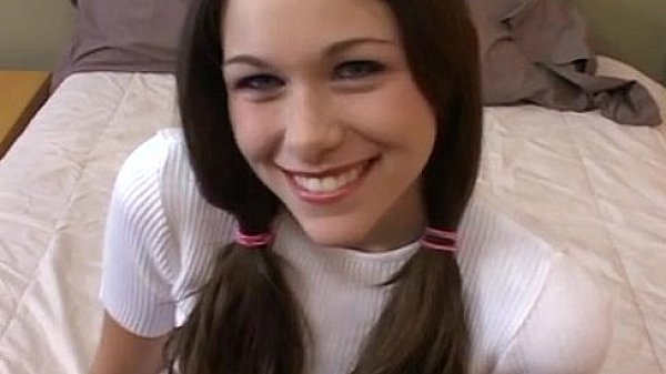 Petite teen in pigtails sucks and fucks
