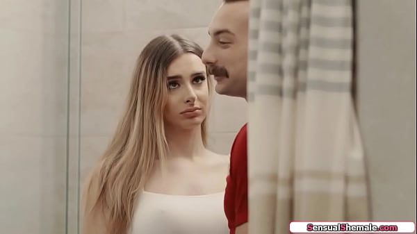 Big tits trans Ivory Mayhem is barebacked by her stepsisters bf.The blonde tgirl sucks his cock in the bathroom and gets caught.Then shes anal reamed  