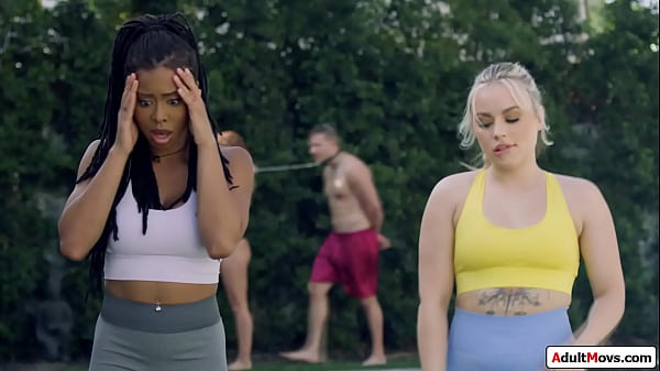 Two joggers see a mistress with toyboy and check it out.The busty ebony and her big tits blonde gf join in for a facesitting and fucking foursome  