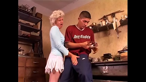 Blonde granny in white lingerie rides young cock by her hairy twat and asshole  