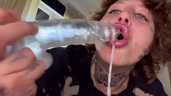 Tattoo girl sucks dildo like a dick, hard dildo sucking
