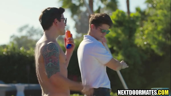 Handsome pool boy fucking horny gay client