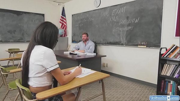 Ts Milli Quinzel cant think about something other than dicks.Her teacher pulls out his big cock and she sucks it.He licks her ass and barebacks her  