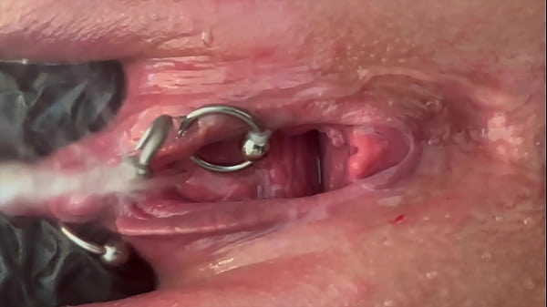 Pee very strong stream from my Pierced Pussy and my hands in Latex Glove