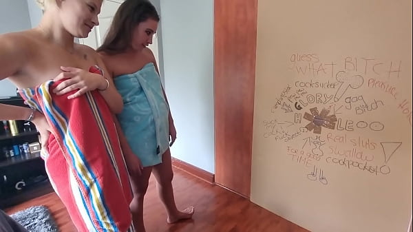 Blonde and brunette gets surprised by glory hole and both suck and play with anonymous cock