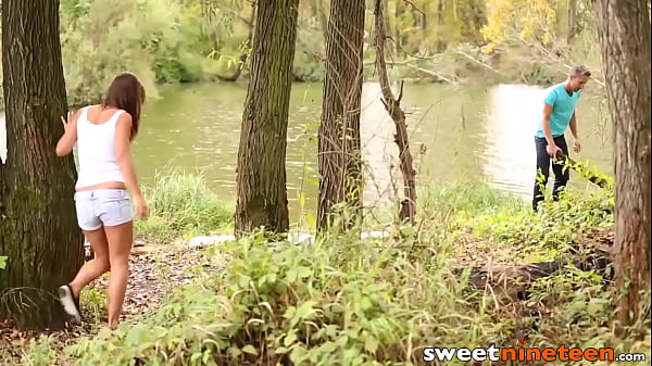 Mischievous teenie rides dick outdoors