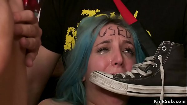 Lesbian domme torments pussy to naked euro slave Liz Rainbow at abandoned train station in the middle of the day