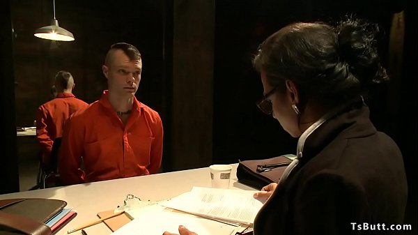 Locked tattooed guy Mike Panic is visited by big tits brunette shemale lawyer Jaquelin Braxton and soon after she used him for anal sex