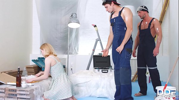 Two big veiny cocks crammed into teen Via Lasciva's tight shaved pussy & butthole  