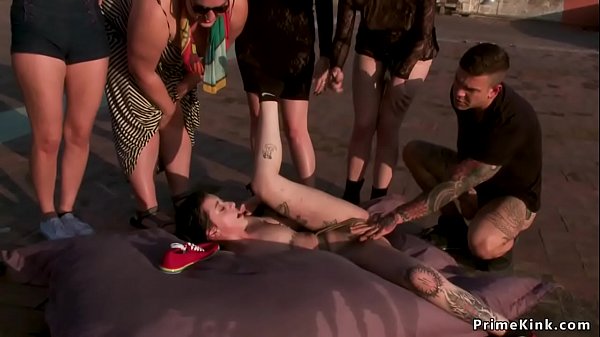 Dark haired Euro slave toyed and banged at rooftop in group