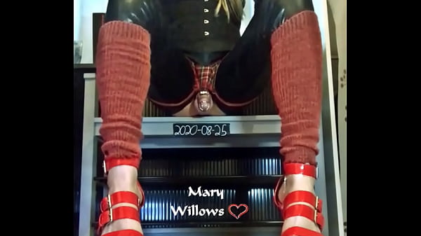Mary Willows handsfree orgasm training while riding a massive dildo in tight steel chastity