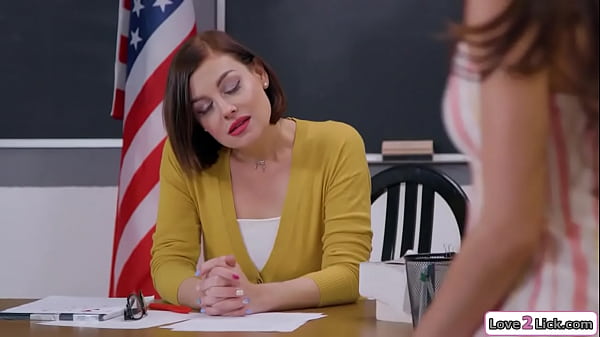 19yo has a crush on her teacher stepmom and the milf helps her with those feelings.She sucks the teens small tits.She licks her cunt and is fingered 