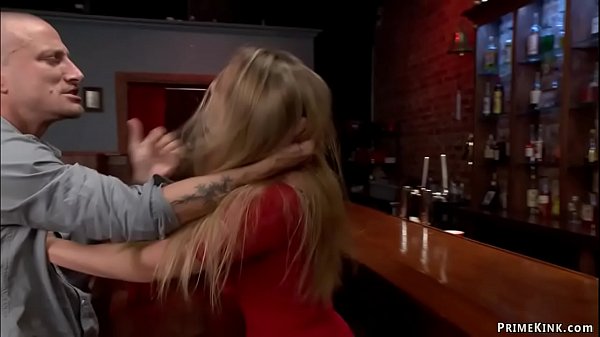 Hot ass blonde babe AJ Applegate in tight red dress is dominated by owner of bar Mr Pete and rough throat and anal banged till gets cumshot  