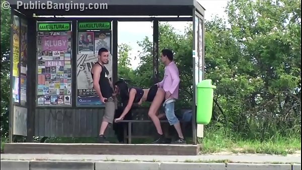 Crazy risky public sex threesome at a bus stop with a hot girl with big tits 