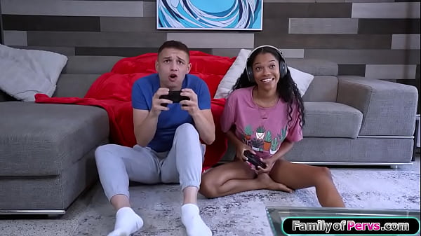 Ebony teen girl beats stepcousin in a game and asks him to eat her out while playing.The big tits babe facesits him and sucks cock.Shes POV fucked