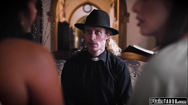 PlainTaboo.com - Lesbian couple convert a disgusted priest by licking pussy ifo him.The small tits petite babe facesits him with her hairy pussy n squirts from fucking 