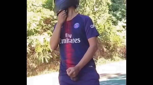 Horny wanking off in public in soccer uniform  