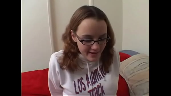 Young brunette with glasses sucks cock hard then rides it and gets jizzed 