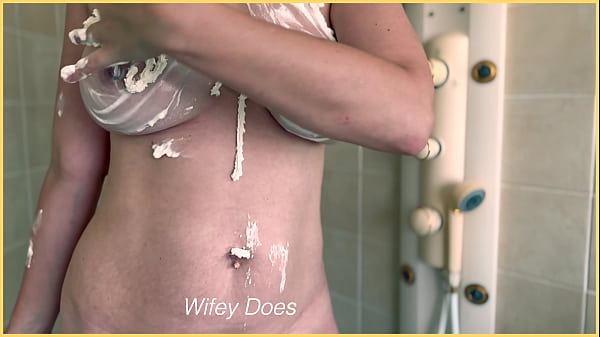 NUDE MILF sprays whipped cream on perfect tits and tight pussy