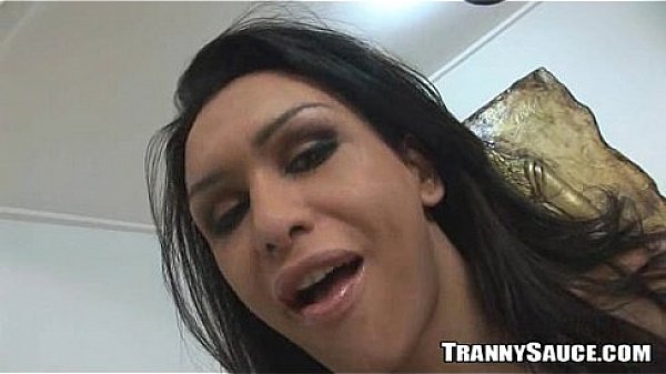 Big breasted shemale hottie tugging on her cock 