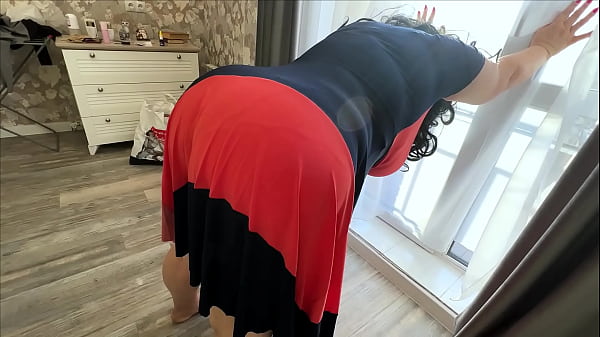 The stepmom's gorgeous ass and her huge tits aroused the stepson and he took out his cock for blowjob and anal